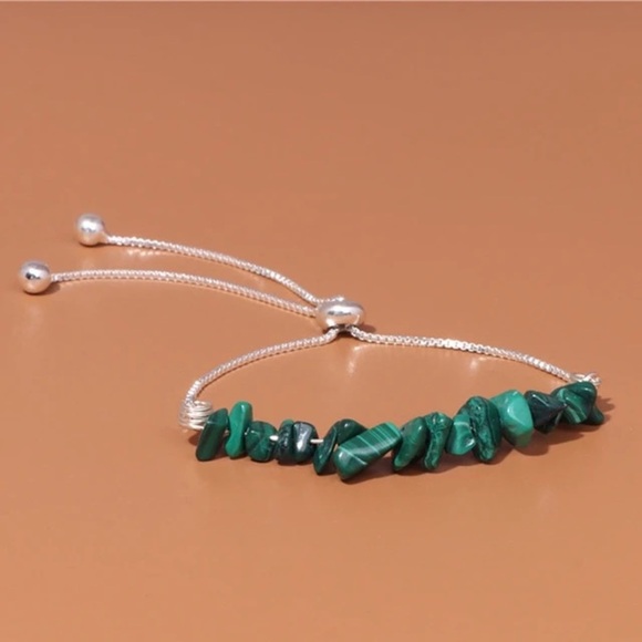 Green Irregular Natural Stone Malachite Silver Adjustable Slider Bracelet - Picture 4 of 7